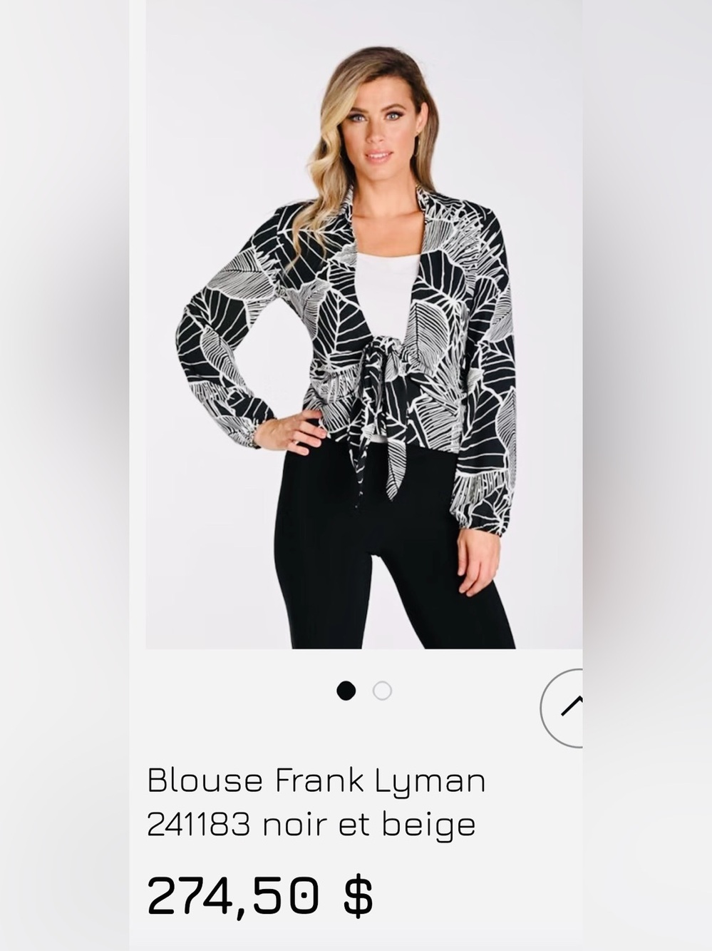 Frank Lyman Design Black and White Leaf Tie-Front Blouse - Picture 3 of 6